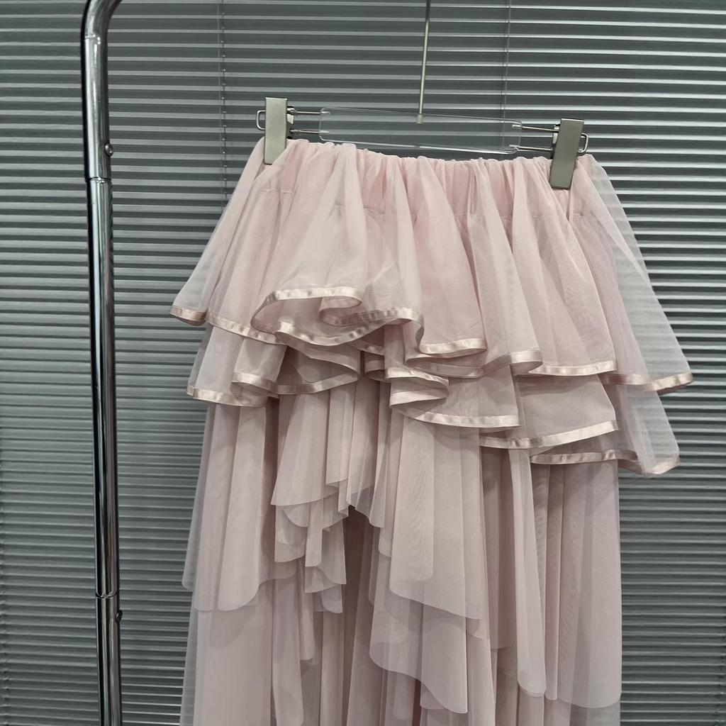 Spring 2026 High-Waist Multi-Layer Irregular Long Fluffy Skirt with Side Slit