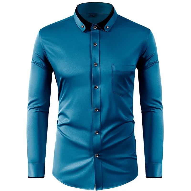 Elastic Shirt Men's Long Sleeved Diamond Buckle Contrasting Collar Design Solid Color Slim Fit Men's Shirt Men's Clothing