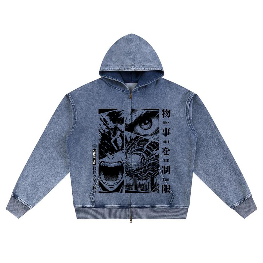 DTG Print Knitted Denim Zip-Up Hoodie Final Battle Brother Print Zipper Hoodies  