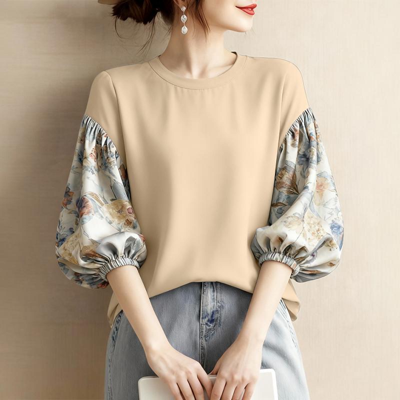ZANZEA Women Print Splice 3/4 Sleeve Loose Casual O-neck Blouse