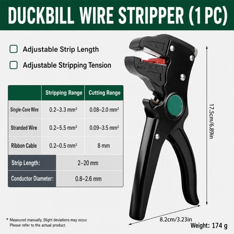 Wire Stripper and Cutter with Adjustable Insulation Length and Tension, Manual Hand Tool with a Stripping Jaw and Separate Steel Cutter