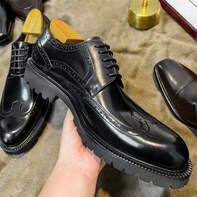 Fashion New Block Carved Men's Shoes Black Round Toe Thick Heel Lace Up Business Casual Shoes Fashion British Style 2024 Autumn/Winter