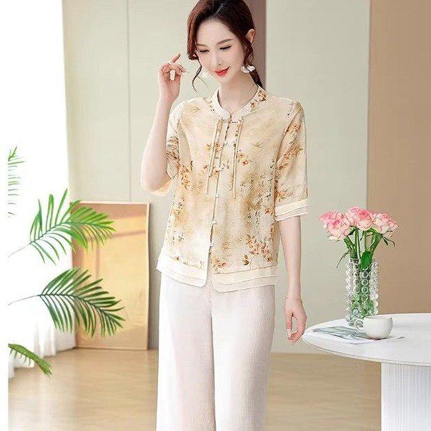 Stylish Summer Two-Piece Set: Casual T-Shirt & Wide Leg Pants for Middle-Aged Women