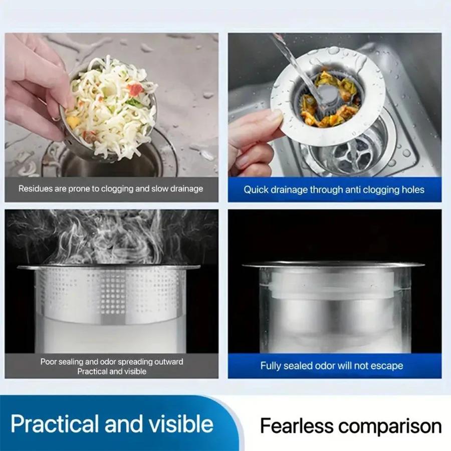 1pc304 Stainless Steel Kitchen Sink with Drain Plug, Pressure Sink, Spring Core, Filter, Anti-clogging Accessories