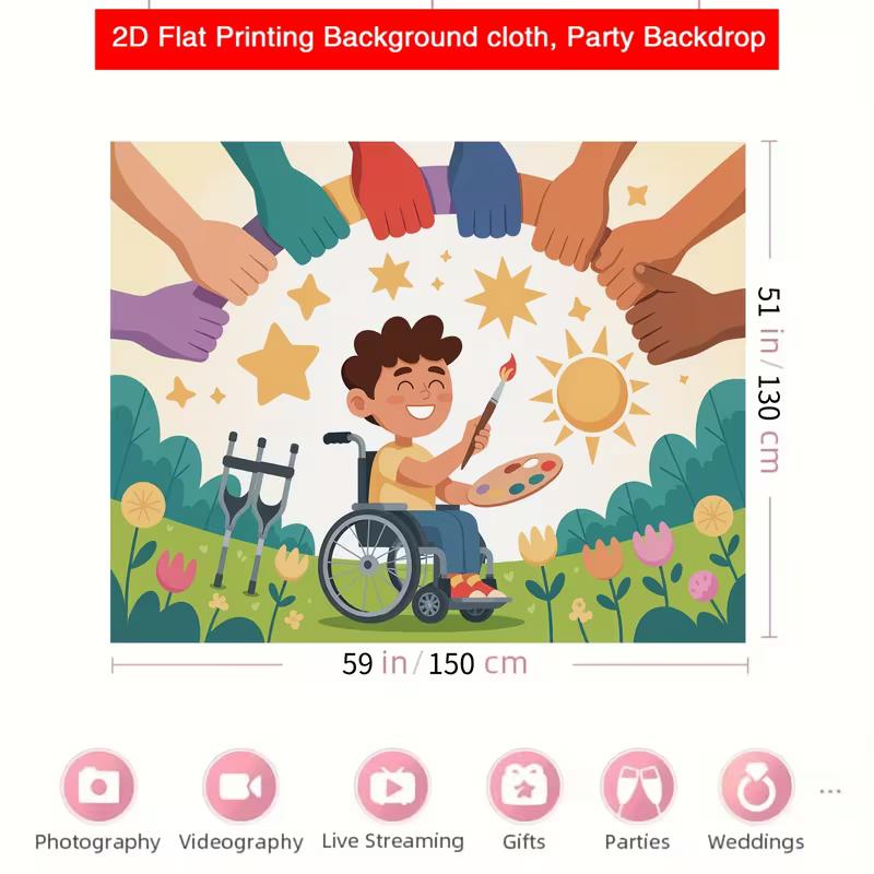 2D 2D Flat Disability Awareness Background Cloth with Artist and Diverse Community 47.2x31.5inch/120*80cm