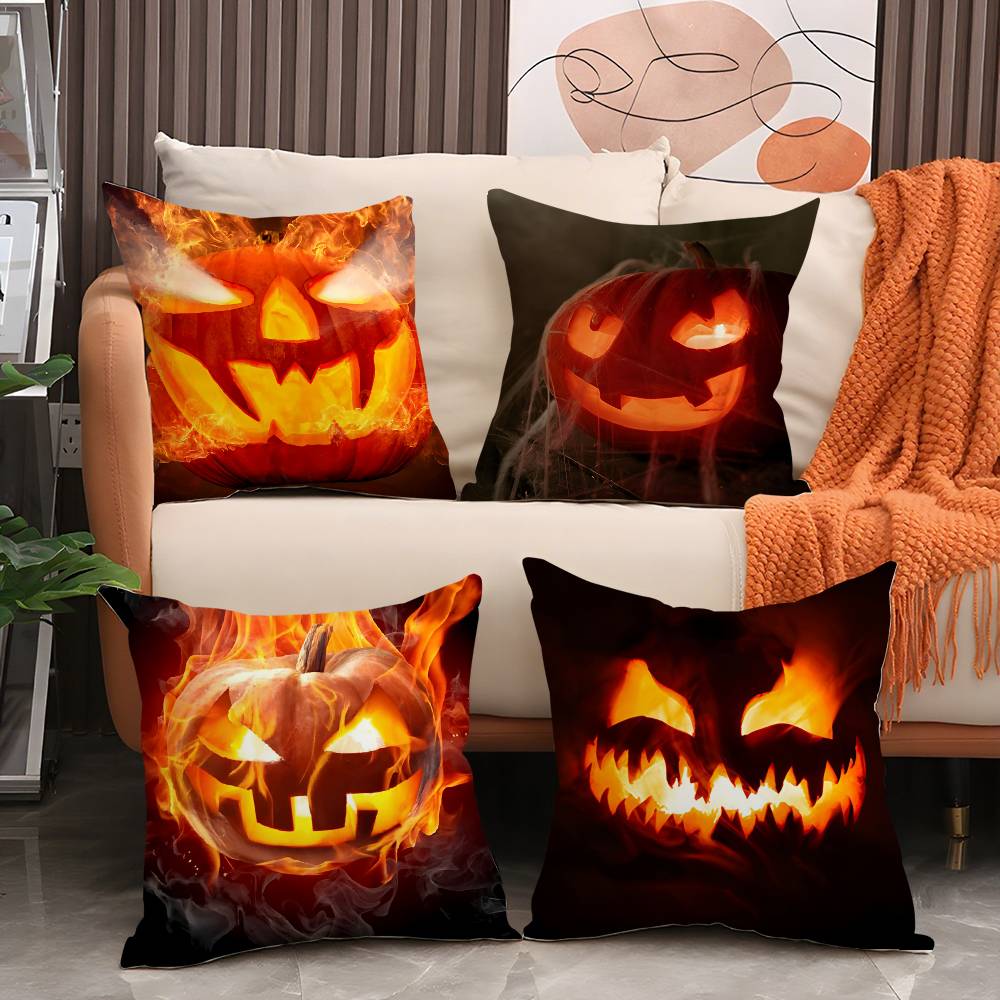 Halloween Pumpkin Flame Pillow Case Short Plush Double-Sided Print Square Throw Pillow Covers Sofa Home Cushion Decor