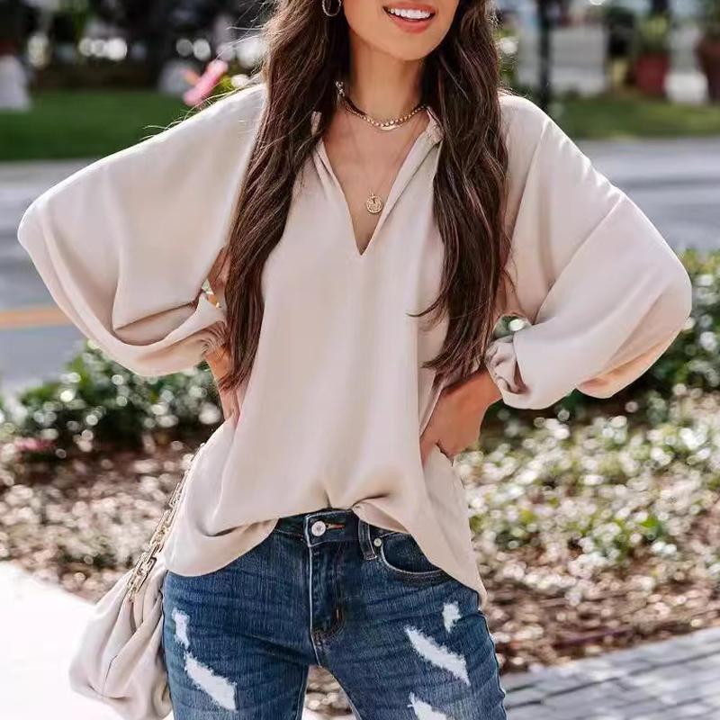 

Весна Осень Свободная Повседневная Блузка для Женщин Модная Плюс Размер Длинный Рукав Элегантная Рубашка V-образный Вырез Женские Винтажные Плиссированные Простые Офисные Леди Топы 24679 3XL хаки