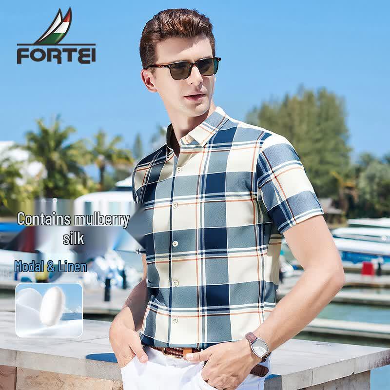 Men s Silk-Linen Blend Plaid Short-Sleeve Business Shirt 2XL 54