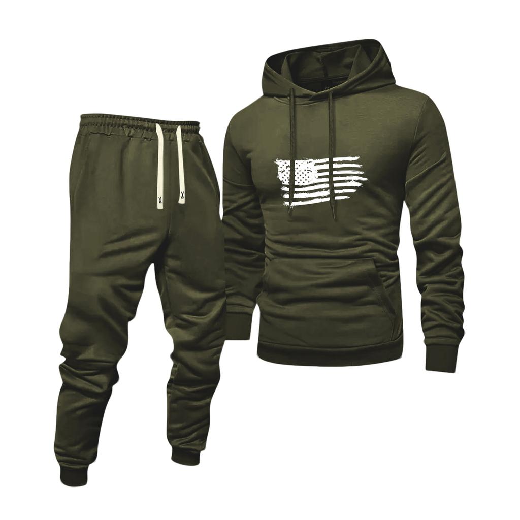 Men's Solid Color Flag Print Hooded Universal Versatile Hooded Sweatshirt Sweatpants Casual Sports Suit