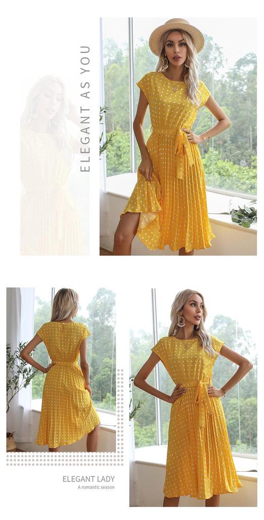 Women's Summer Polka Dot Round Neck Midi Dress with Retro Pleated Skirt