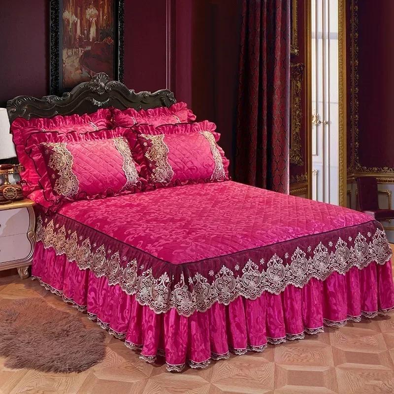 Korte Pluche Geknoopte Bedrok Effen Europees Kant Bedsprei Huishoudelijke Matras Beschermhoes Antislip Stofdichte Bedhoezen 48x74 pillowcase2pcs
