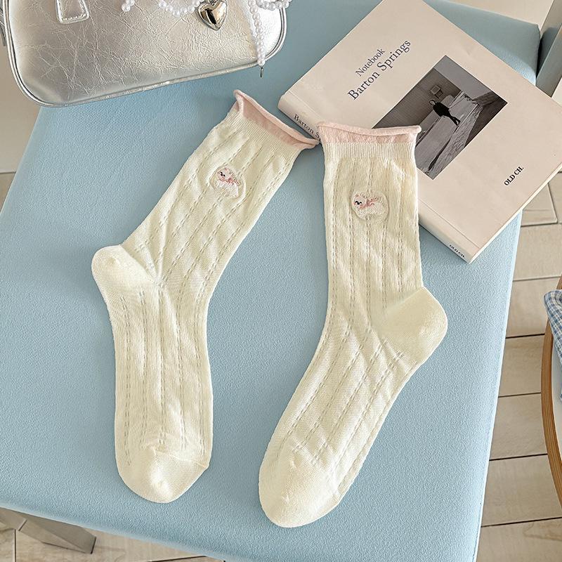 Acheng Women s Seamless Summer Cotton Socks with Small Dog Embroidery - Breathable Mid-Calf Mesh for Spring and Summer One Size кремовый/белый