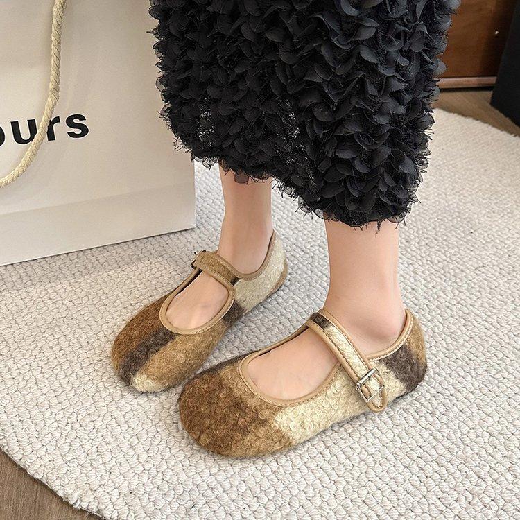 Round Head Cosy Lambswool Ballet Flats Woman Warm Teddy Fur Mary Jane Shoes Ladies Brand Design Elegant Fluffy Plush Loafers