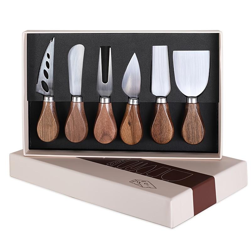 6pcs Color Boxed Walnut Handle Cheese Tool Set, Western Style Knife, Fork, Butter Scraper, Stainless Steel Cheese Knife