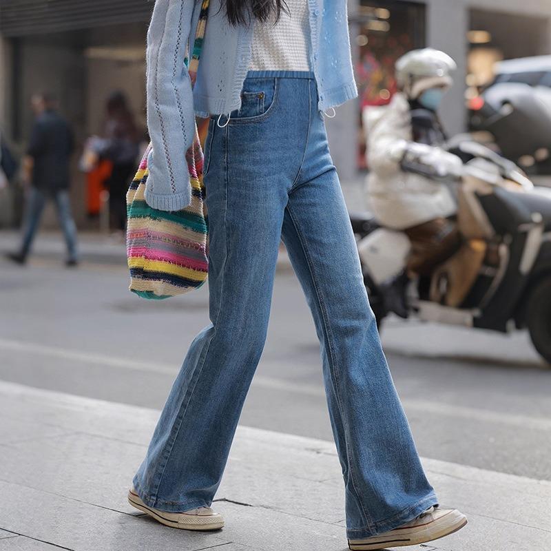#Pregnant Women Drawstring Jeans Autumn Elastic Micro-flared Pants Outside Casual Pants Retro Blue High-waisted Trousers