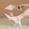 Ribbon high heels women's new pearl chain ribbon pointed thick heel not tired foot sandals