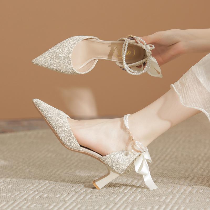 Ribbon high heels women's new pearl chain ribbon pointed thick heel not tired foot sandals