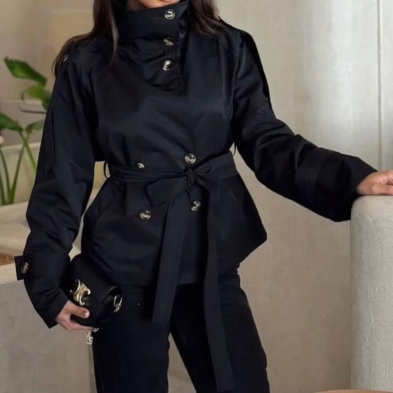 Womens 2026 Double-Breasted Belted Trench Coat With Stand Collar Slim Fit Street Style