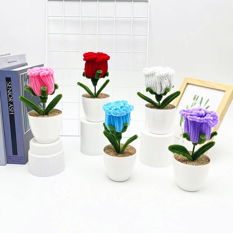 Multi Colored Plush Twisted Rod Rose Potted Desktop Decoration Ornament For Office Decor