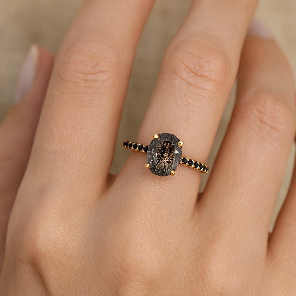 Black Rutile Quartz & Black Onyx Engagement Ring – Handmade Vintage Silver Ring for Women | Wedding, Anniversary, Promise Gift