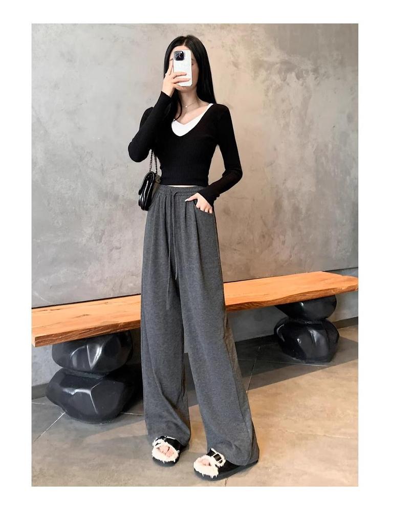 145cm High-Waisted Narrow-Leg Drawstring Knit Pants – Korean Style Women's Early Autumn Pocket Pants