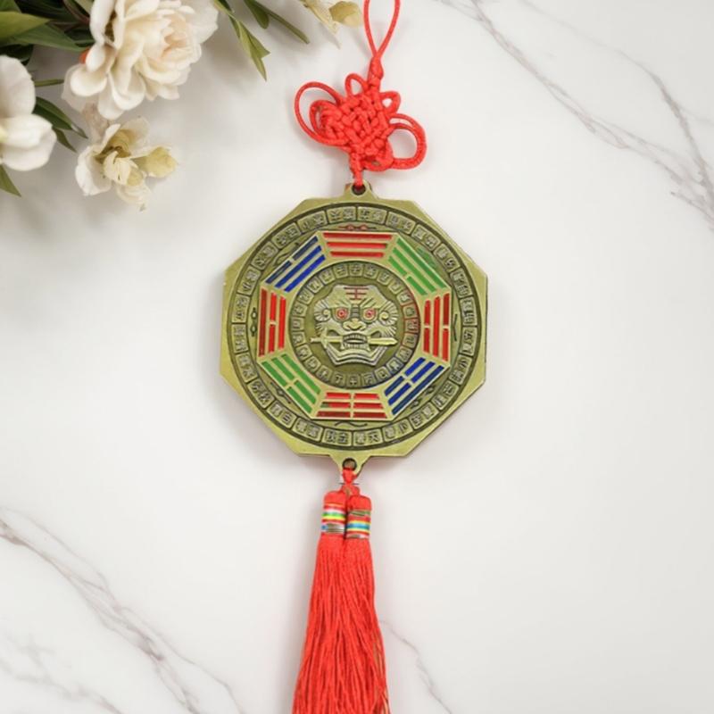 Fengshui Bagua Mirror for Home Protective and Positive Energy with Lion Biting Swords Chinese Knots Tassels Ornament