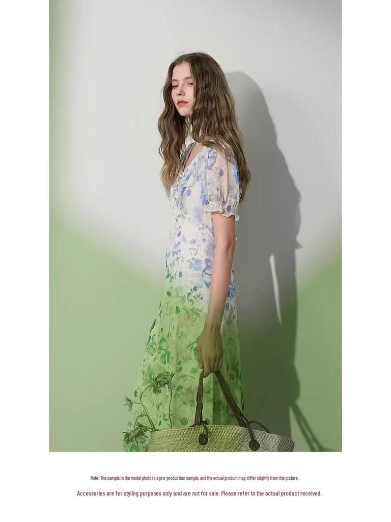 2026 Summer French Floral Mid-Length Blue Skirt - Romantic & Fashionable