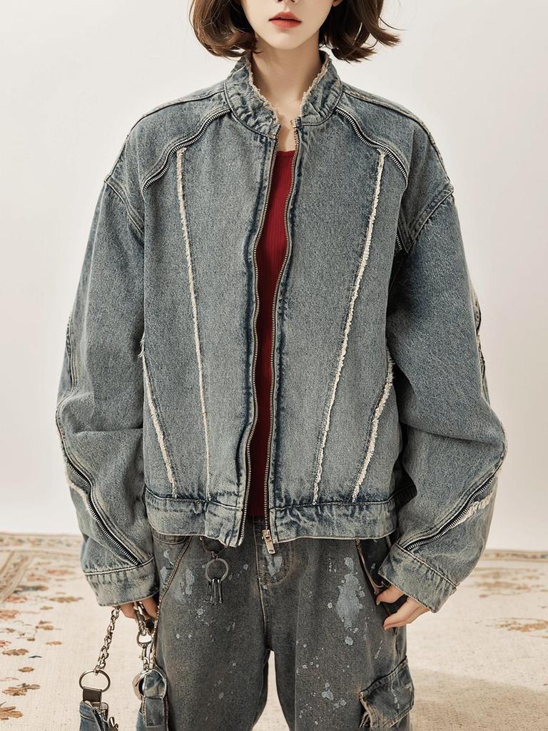 Women's Retro Washed Frayed Denim Jacket - Loose Fit Casual Outerwear