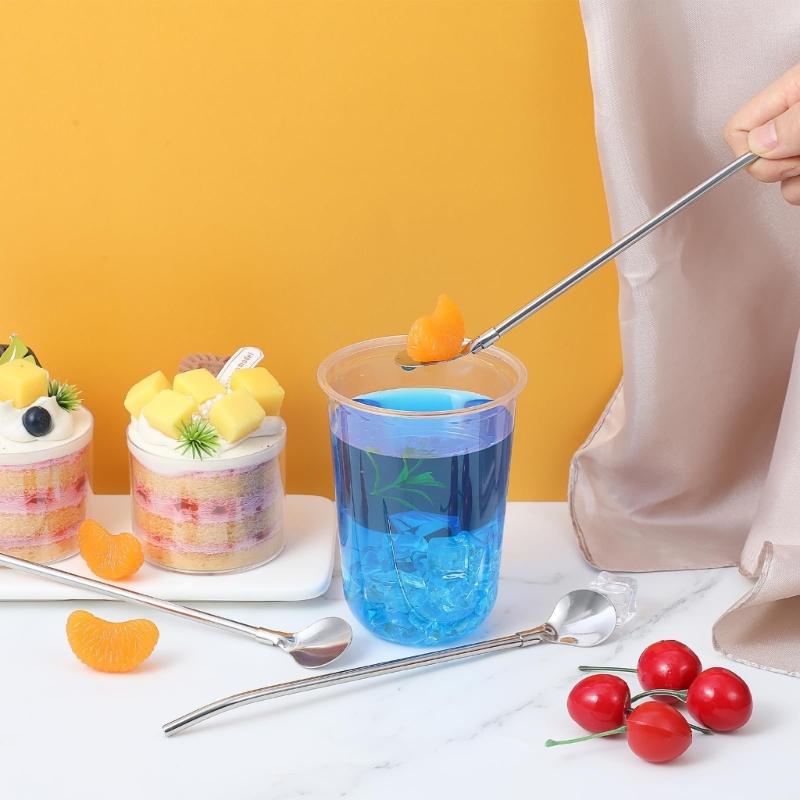 6Pcs Reusable Stainless Steels Straw Spoons With Cleaning Brush Cocktail Stirring Spoon For Beverages And Dessert
