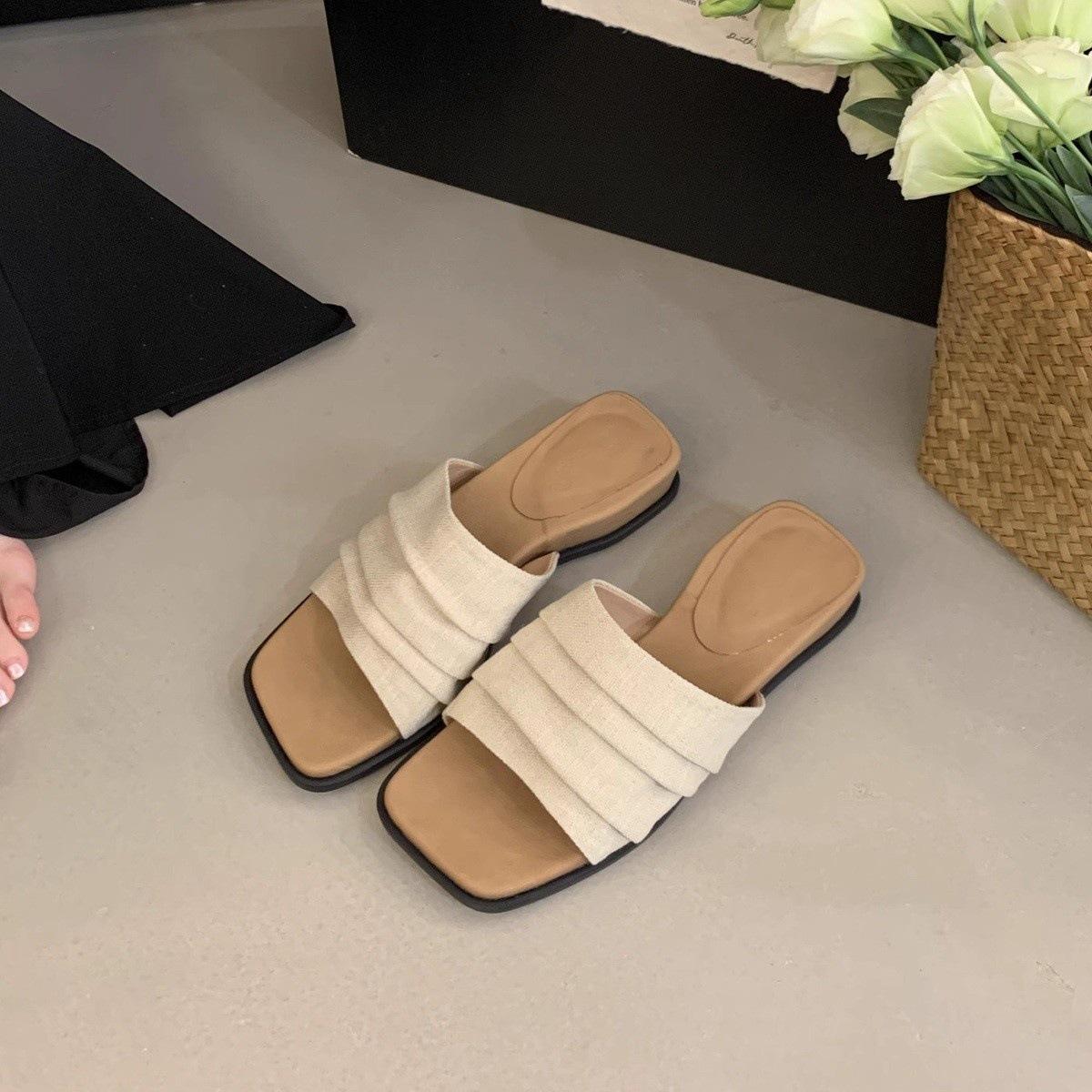 

Flax pleated casual platform slippers female summer wear 2025 new fairy vacation beach word with cool slippers 40 бежевый