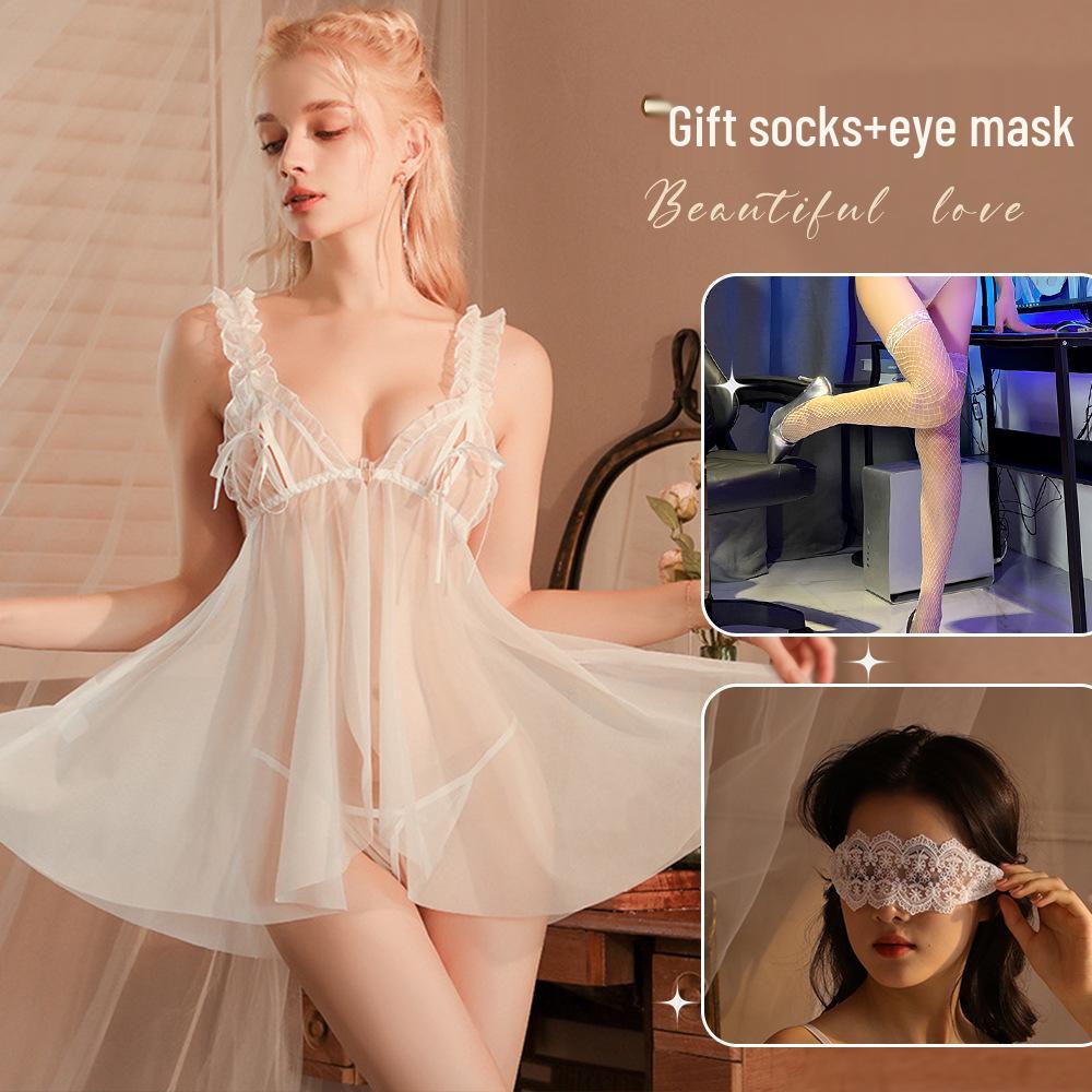 Temptation See-Through Hollow Out Chest Slit Sexy Sleepwear Lingerie Nightgown 814