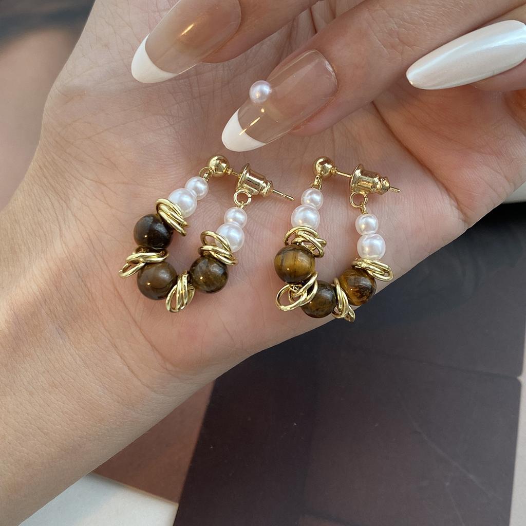 Vintage Maillard Style Opal Splicing Pearl Earrings Exquisite Compact Geometric Earrings