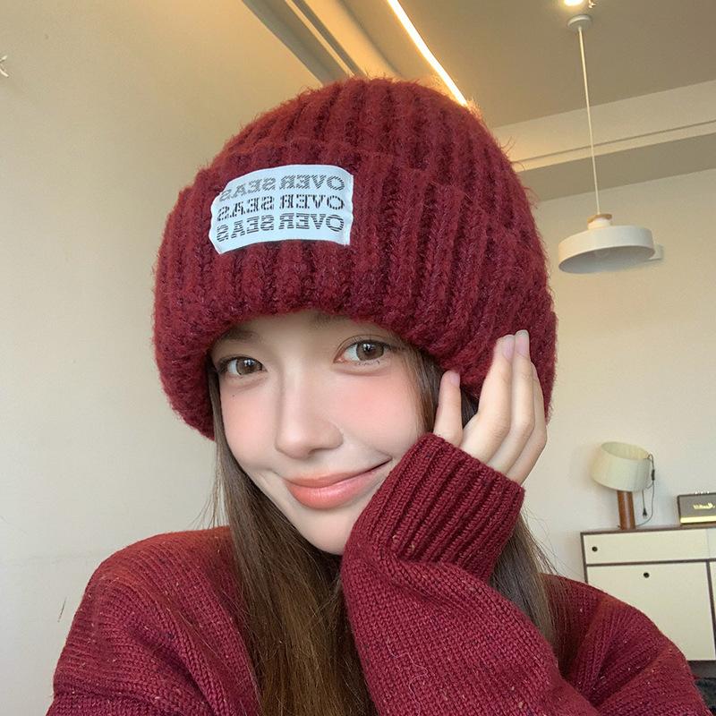 Simple Letter Patch Woolen Hat for Women in Autumn and Winter Thickened Warm Ear Protection Knitted Hat Large Head Circumference Pullover Cold Hat