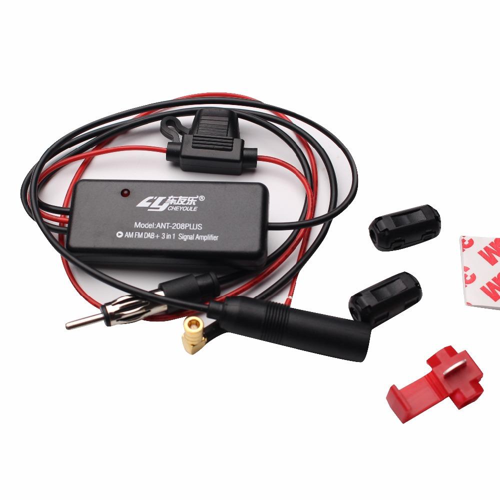Car radio FM AM DAB+ antenna signal amplifier 3-in-1 Amplifier Fully compatible with AM FM DAB+ signals Wide frequency range 0~