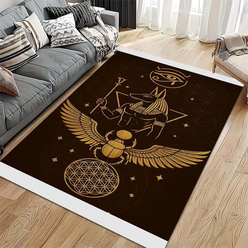 Area Rug, Anubis Egyptian God Gold Eye of Horus Scarab Sacred Geometry Print, Living Room Decor, Non-Slip Mat