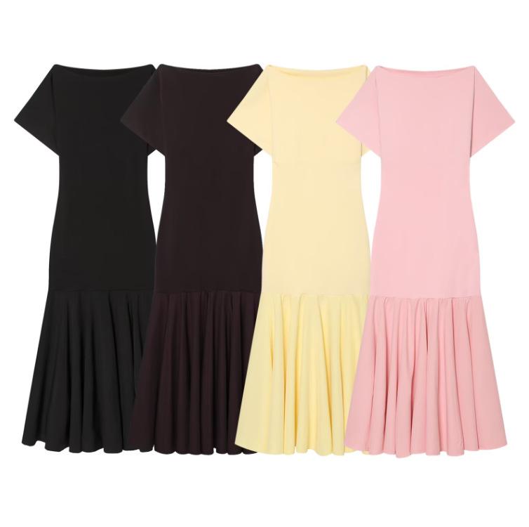 Women's summer new French fashion temperament boat-shaped short-sleeved splicing dress