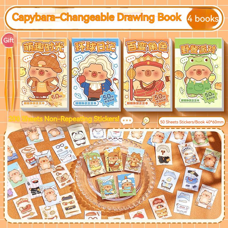 4Books/Set Kawaii Capybara Sticker Princess Pet Cute Dress-Up Mini Pocket Portable Korean Stationery Children Cartoon Stickers