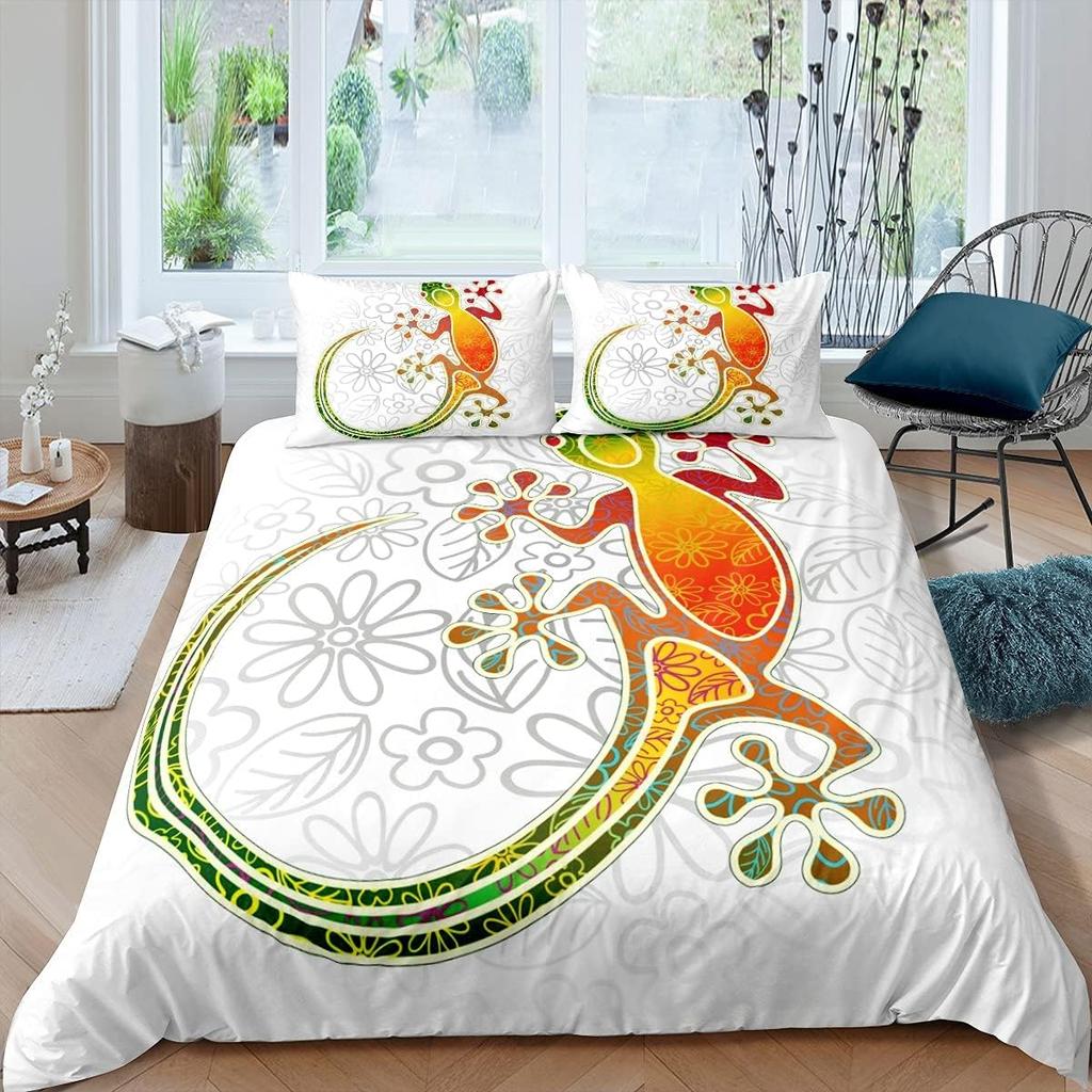 Eidechse Reptilien Bettbezug Geschenk für Jungen Mädchen Lustiges Gecko Bettwäscheset Full Queen Mikrofaser Niedliches Tiermotiv Bettdeckenbezug