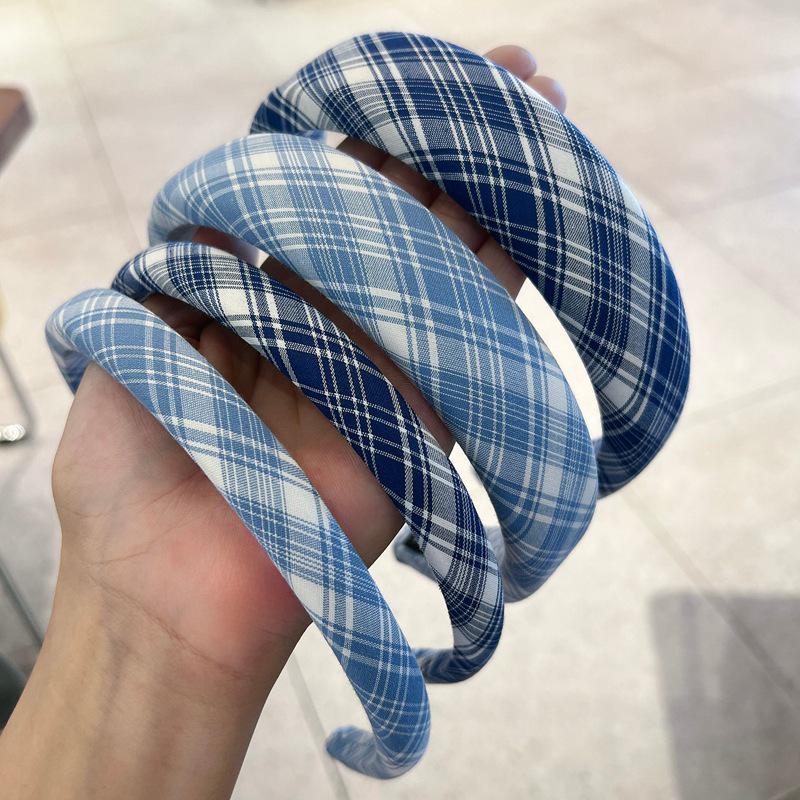 Blue Striped Plaid High Crown Headband - Versatile Preppy Style Accessory