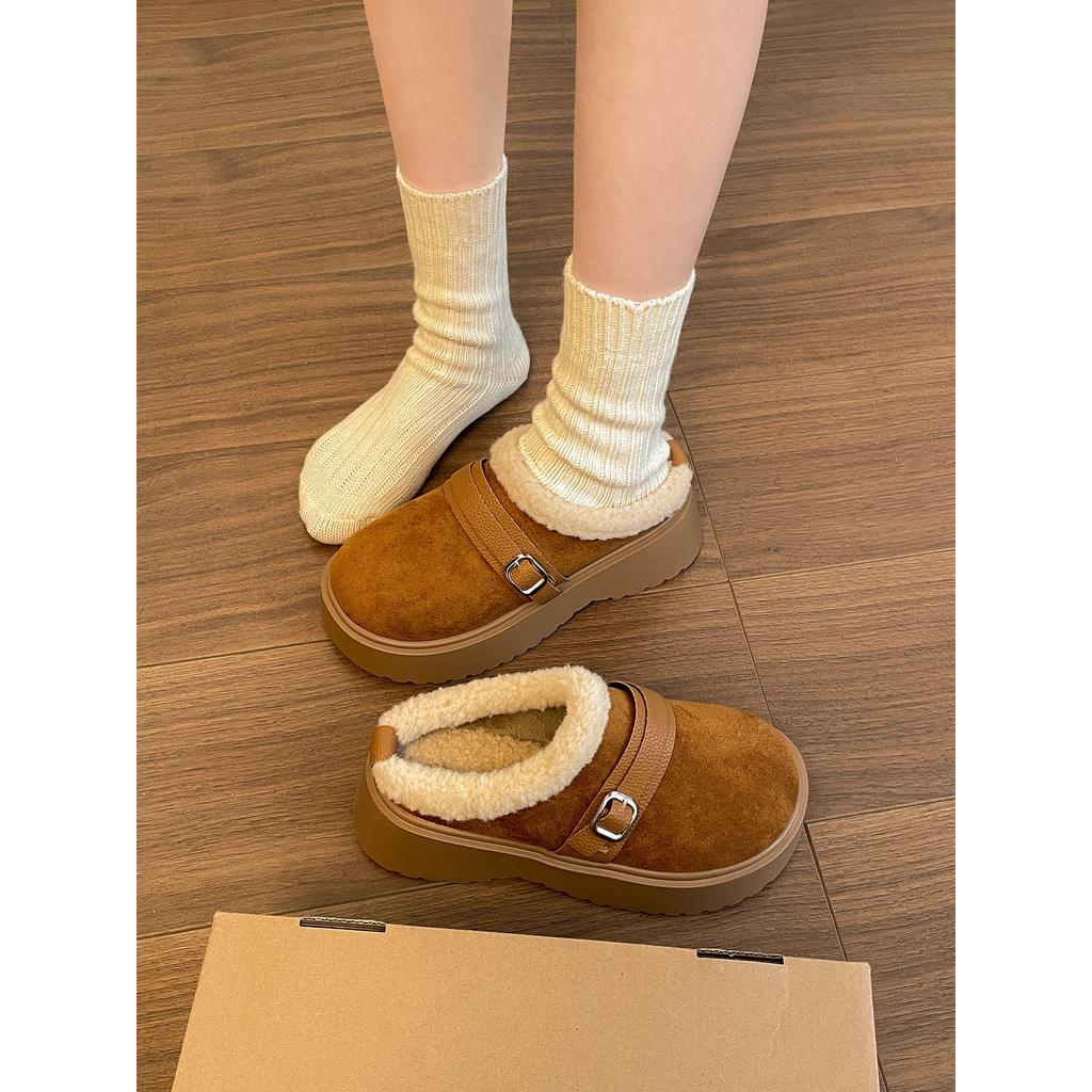 Khaki retro thick bottom heightened plush slippers outer wear 2025 winter warm Birkenstocks cotton slippers