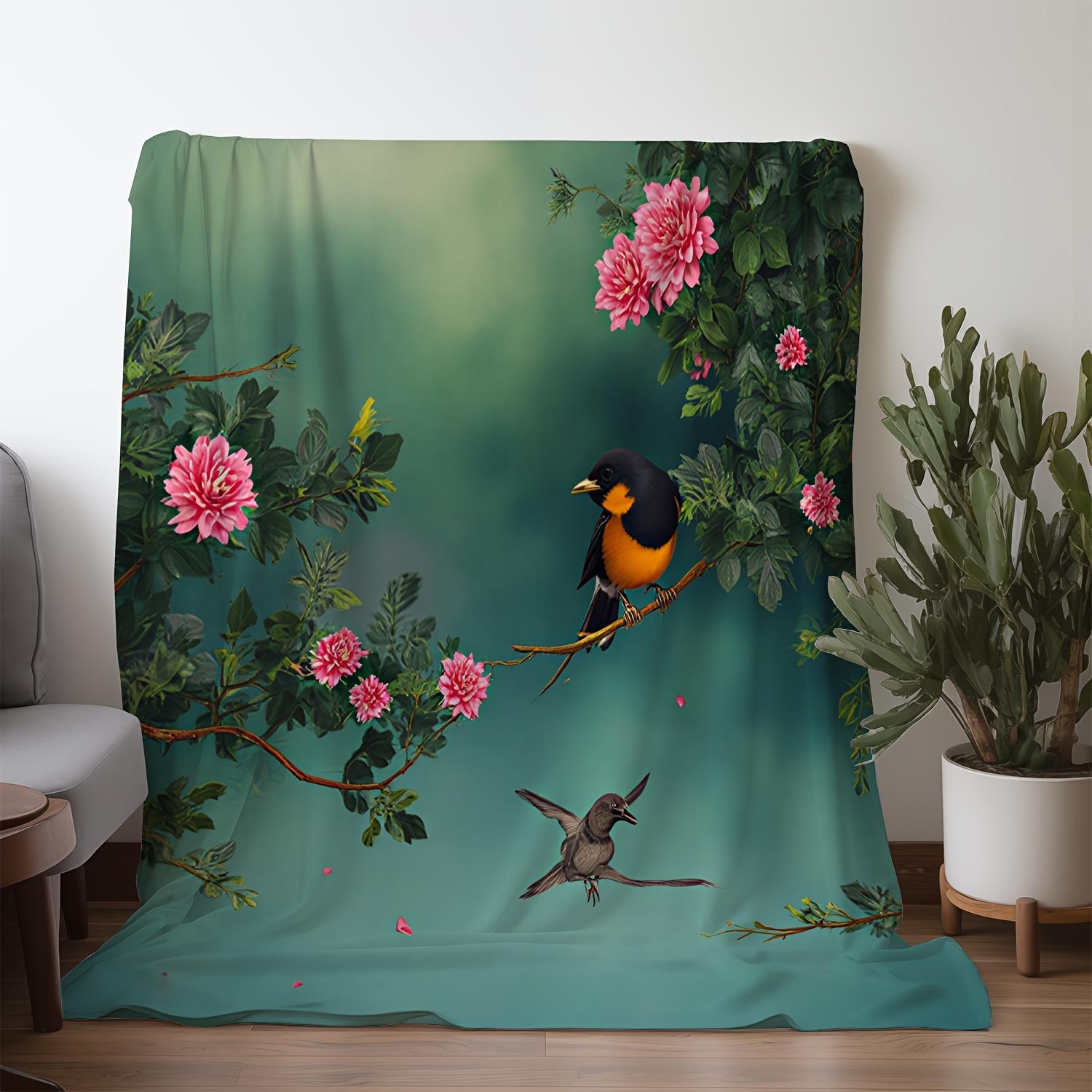 1pc Sdoo Flannel Blanket - Floral & Bird Print with Pink Flowers, Green Foliage - Soft Cozy Throw for Couch, Bed, Travel, Campin 75x90cm
