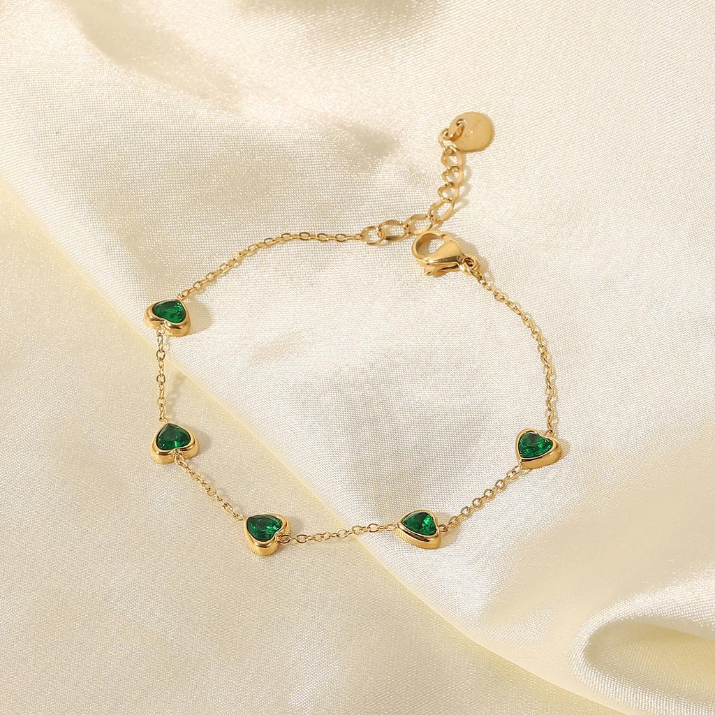 Uworld Dainty 14K Gold Plated Stainless Steel Fine Chain Jewelry Gift Charm Mulit Green Heart Cubic Zirconia Bracelet for Women