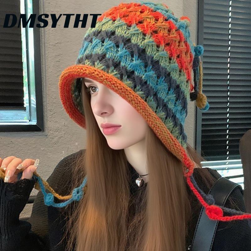 Women Autumn and Winter Nation Fashion Pure Handmade Fringed Dopamine Plush Colorful Ball Thick Hollow Out Ear Protection Knitted Pullover Hat