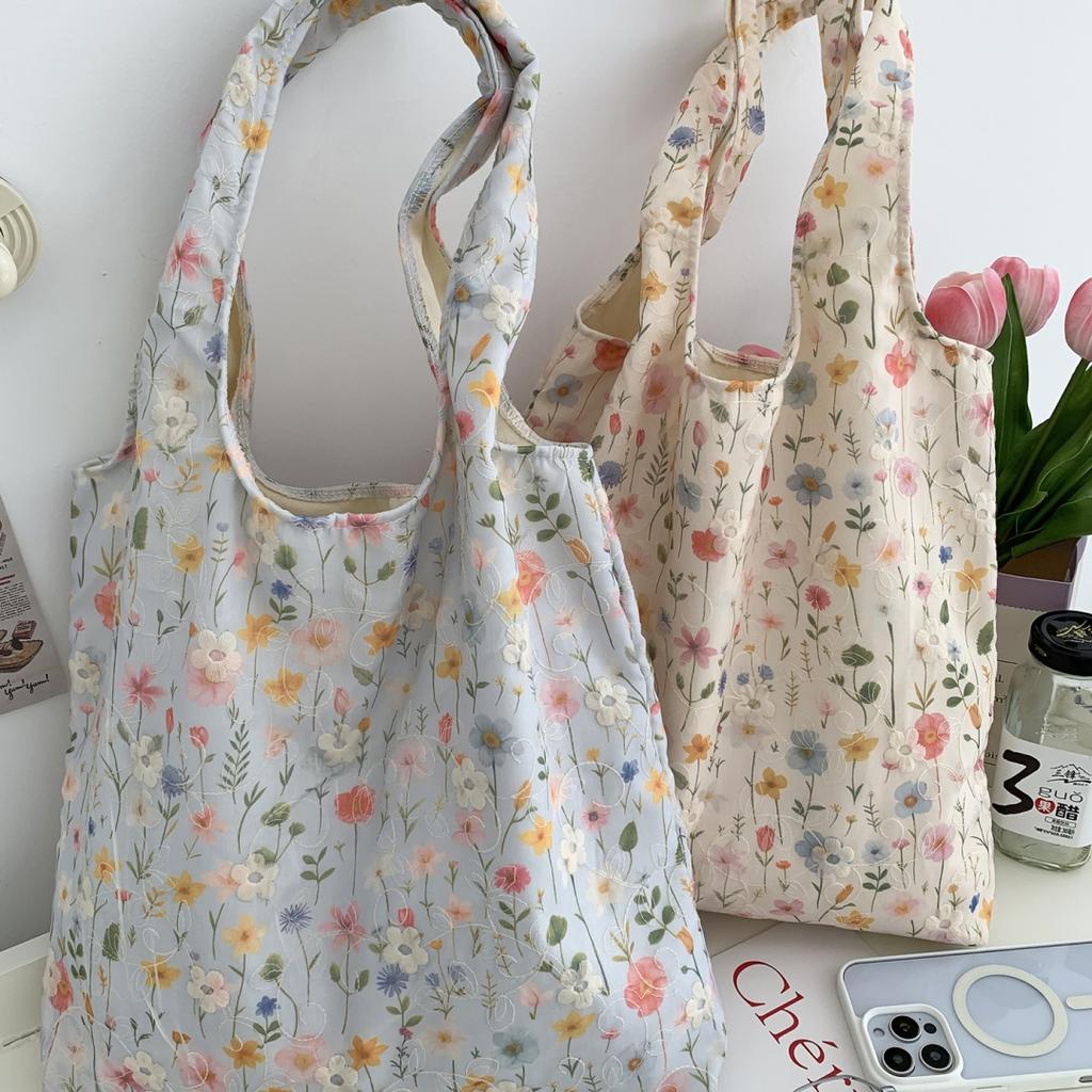 Korean Embroidered Floral Canvas Tote Bag Women's Single Shoulder Bag Casual Floral Printed Canvas Handbag Shopping Bag
