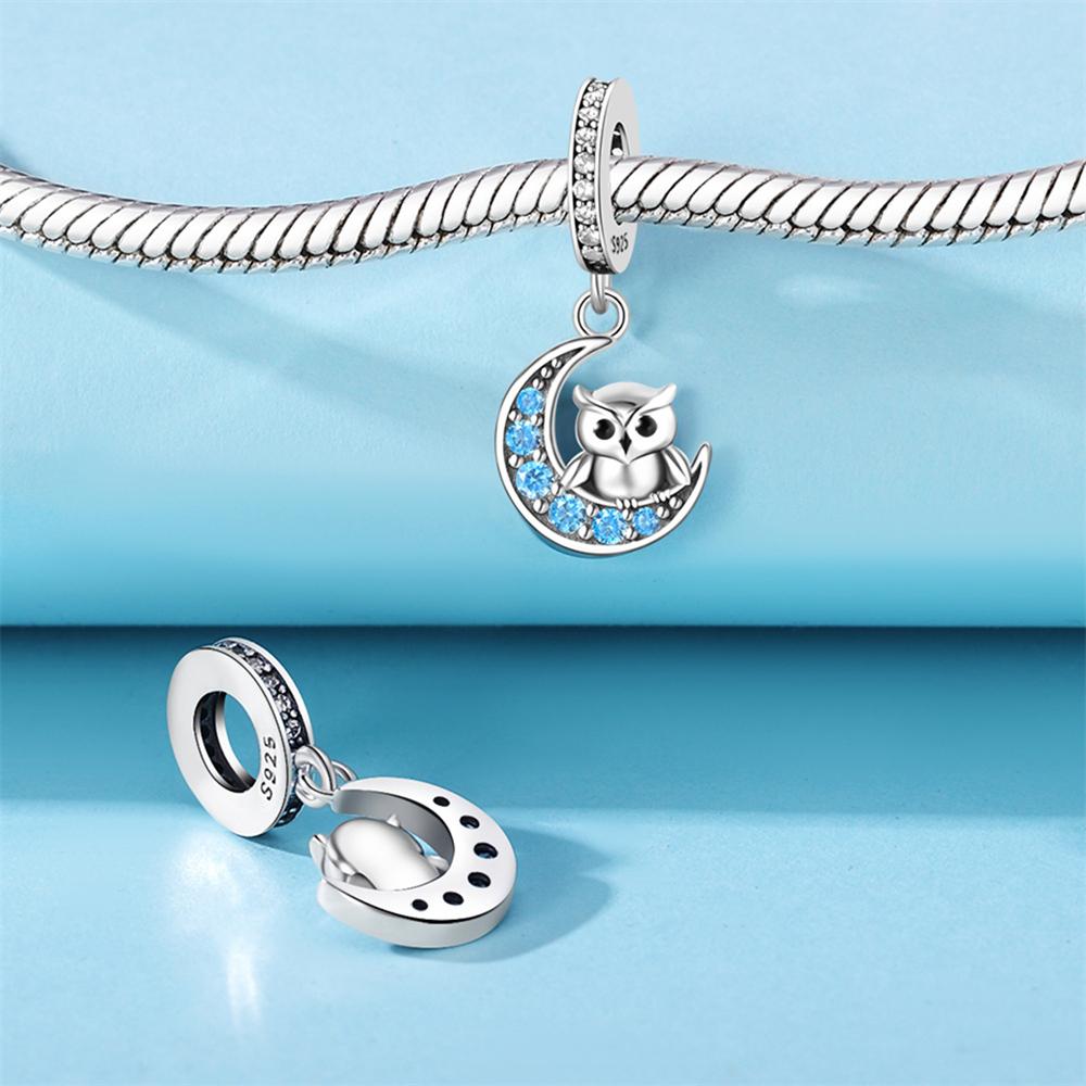 Orginal Charms Copper Purple Owl Fluorescent Beads Blue Zircon Moon Pendant Fit Bracelet Women Jewelry Making Fine Gift