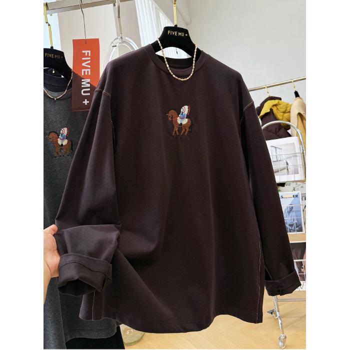 Plus Size Unique Embroidered Cartoon Long-Sleeve Women’s T-Shirt - Spring 2026 Collection XL кофейный