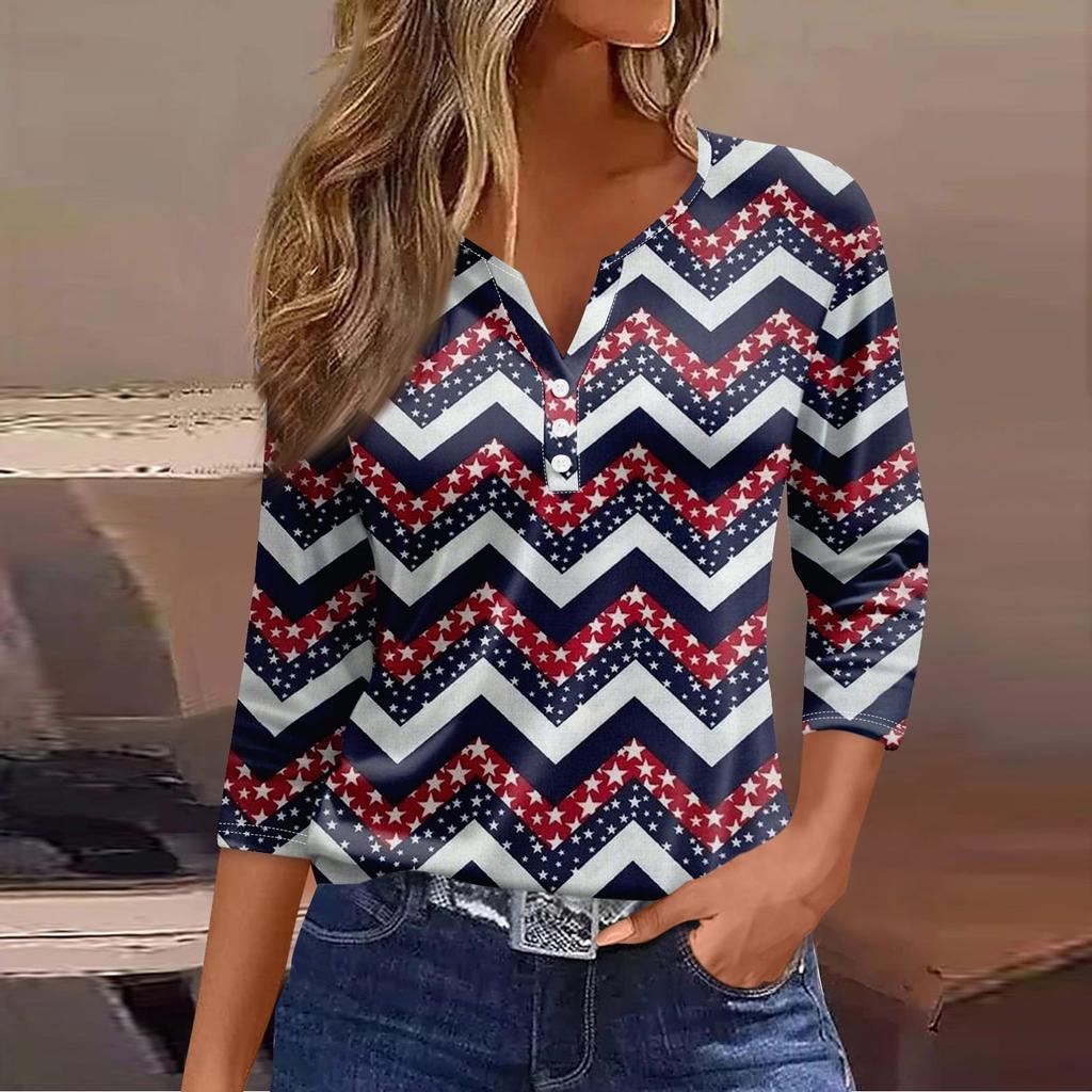 T-shirt dam T-shirt med knapp 3/4 ärm Daglig helgmode Basic V-ringad Vanlig topp