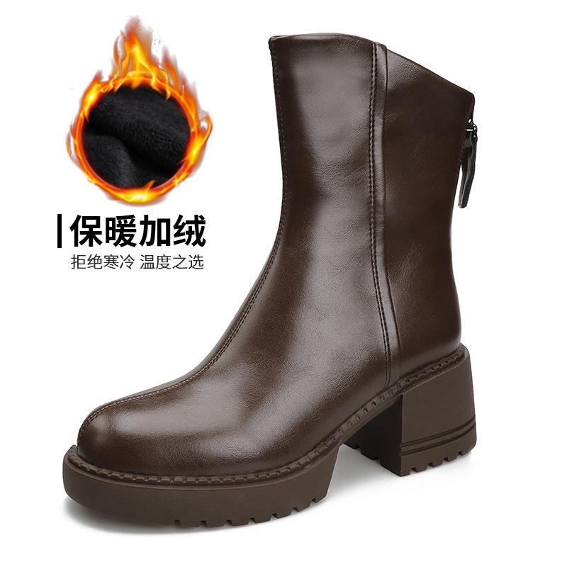 

2024 Осень/Зима Ботинки из мягкой кожи Женские Британские На толстом каблуке С круглым носком Ботинки Мартин Толстая молния сзади Средний каблук Облегающие ботинки 38