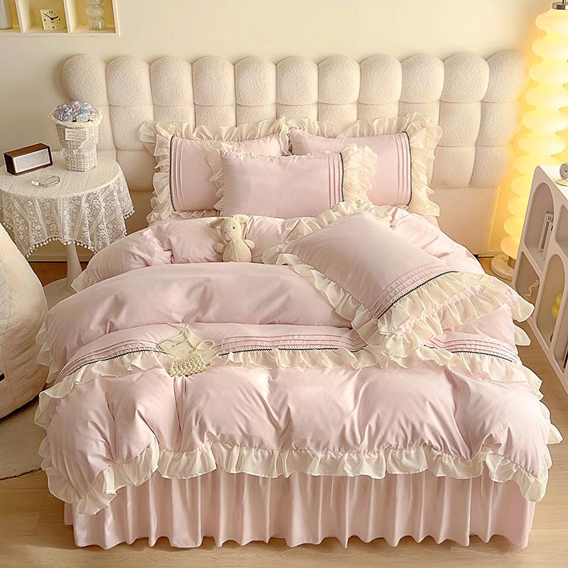 INS Girls Blue Bedding Sets Solid Color Ruffles Lace Kawaii Soft Bed Skirt Sheet Woman Duvet Cover Pillow Covers Quilt Cover