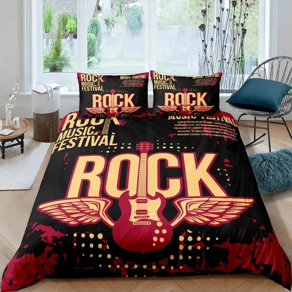 Rock Music King Queen Duvet Cover Electric Guitar Punk Style Bedding Set Youth Fashion Hip Hop Polyester Comforter Cover